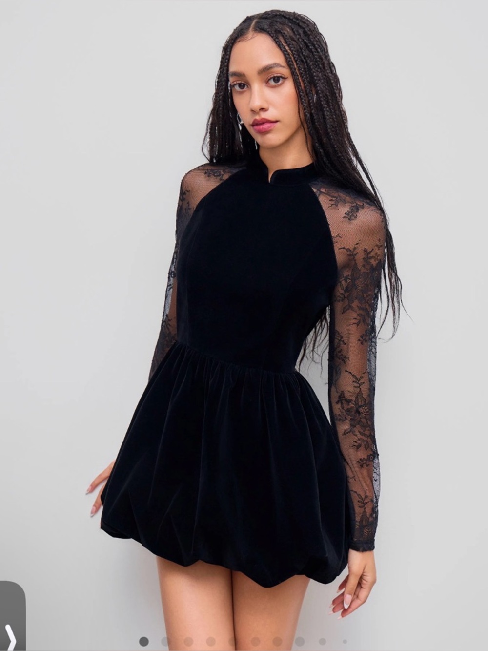 Cider Black Velvet Fit-and-Flare Mini Dress with Lace Sleeves